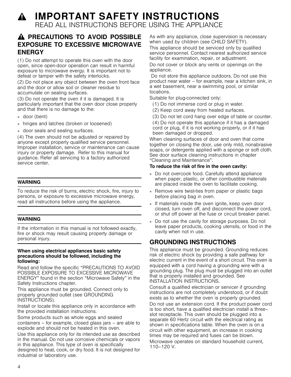 Important safety instructions, Read all instructions before using the appliance, Hinges and latches (broken or loosened) | Warning, Suitable for plug-connected only, 1) do not immerse cord or plug in water, 2) keep cord away from heated surfaces, To reduce the risk of fire in the oven cavity, Grounding instructions, Door (bent) | Bosch HMV8052U User Manual | Page 4 / 60