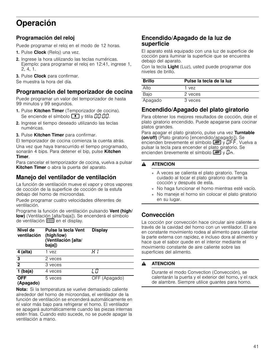 Operación, Programación del reloj, Puede programar el reloj en el modo de 12 horas | Pulse clock (reloj) una vez, Pulse clock para confirmar, Programación del temporizador de cocina, Pulse kitchen timer (temporizador de cocina), Pulse kitchen timer para confirmar, Manejo del ventilador de ventilación, Nota | Bosch HMV8052U User Manual | Page 41 / 60