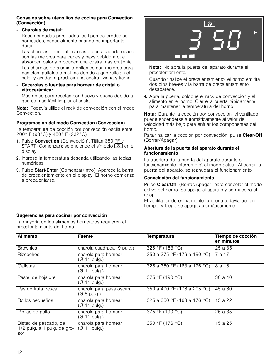 Nota, Programación del modo convection (convección), Cancelación del funcionamiento | Sugerencias para cocinar por convección | Bosch HMV8052U User Manual | Page 42 / 60