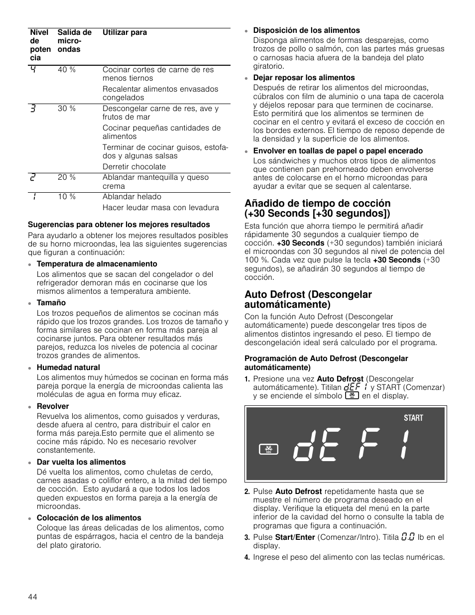 Sugerencias para obtener los mejores resultados, Tamaño, Humedad natural | Revolver, Dar vuelta los alimentos, Colocación de los alimentos, Disposición de los alimentos, Dejar reposar los alimentos, Envolver en toallas de papel o papel encerado, Auto defrost (descongelar automáticamente) | Bosch HMV8052U User Manual | Page 44 / 60