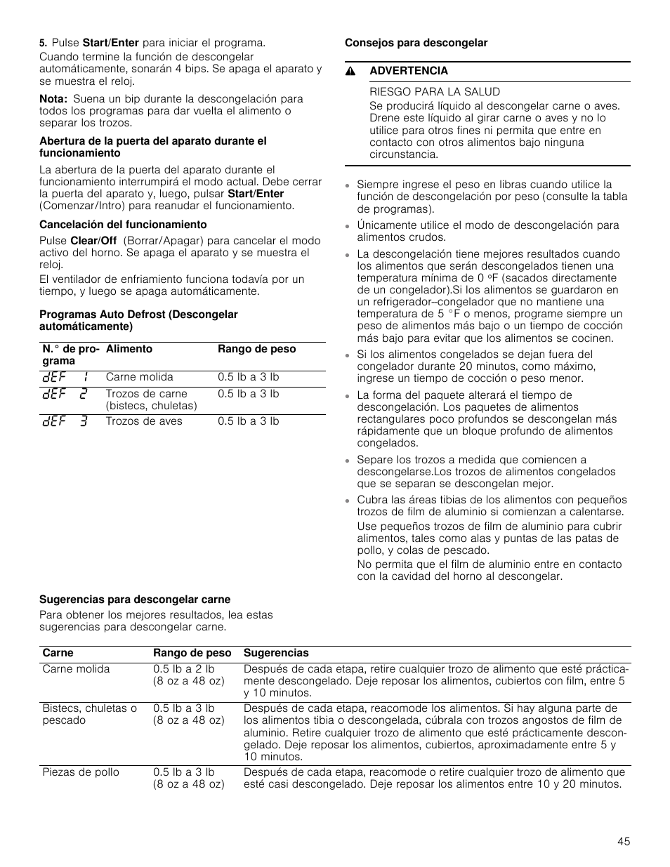 Pulse start/enter para iniciar el programa, Nota, Cancelación del funcionamiento | Consejos para descongelar, 9 advertencia, Riesgo para la salud, Sugerencias para descongelar carne | Bosch HMV8052U User Manual | Page 45 / 60