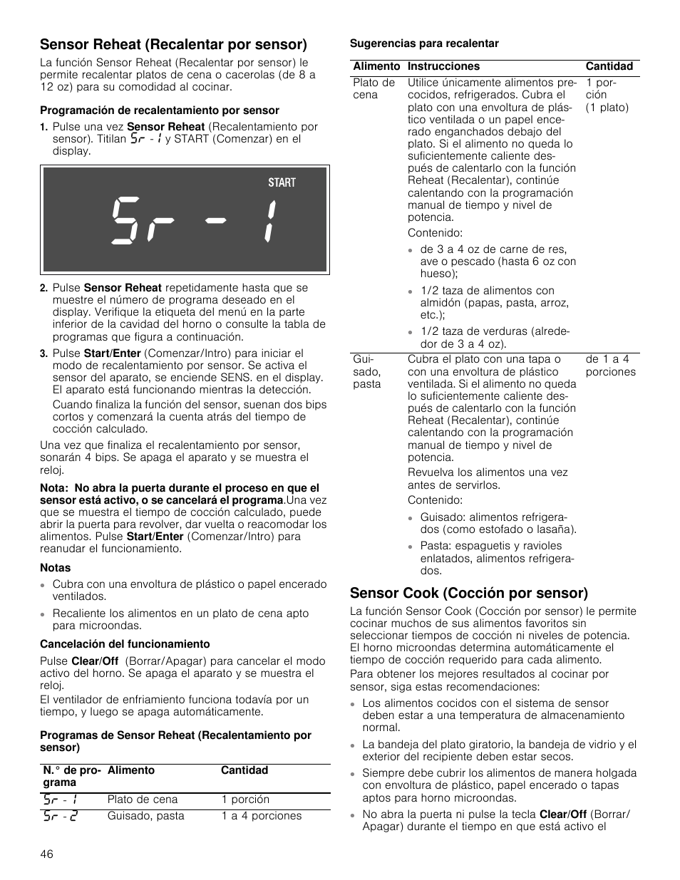 Sensor reheat (recalentar por sensor), Programación de recalentamiento por sensor, Nota | Notas, Cancelación del funcionamiento, Sugerencias para recalentar, Sensor cook (cocción por sensor) | Bosch HMV8052U User Manual | Page 46 / 60