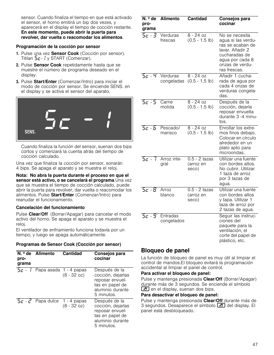 Programación de la cocción por sensor, Nota, Cancelación del funcionamiento | Programas de sensor cook (cocción por sensor), Bloqueo de panel, Para activar el bloqueo de panel, Para desactivar el bloqueo de panel | Bosch HMV8052U User Manual | Page 47 / 60