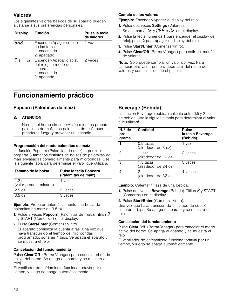 Valores, Cambio de los valores, Ejemplo: encender/apagar el display del reloj | Pulse dos veces settings (valores), Pulse start/enter (comenzar/intro), Nota, Funcionamiento práctico, Popcorn (palomitas de maíz), 9 atencion, Programación del modo palomitas de maíz | Bosch HMV8052U User Manual | Page 48 / 60