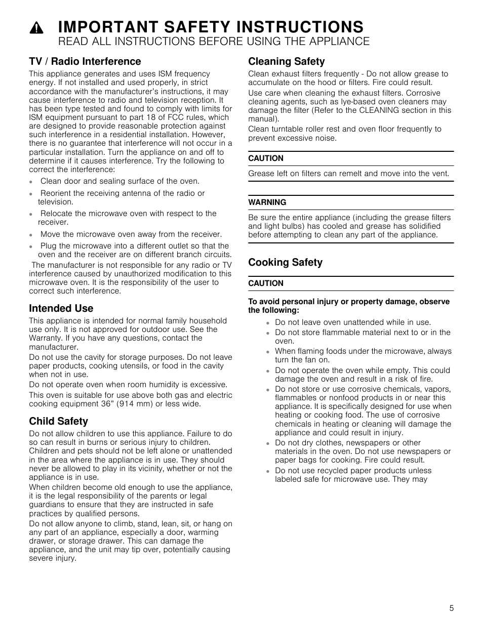 Tv / radio interference, Move the microwave oven away from the receiver, Intended use | Child safety, Cleaning safety, Caution, Warning, Cooking safety, Important safety instructions, Read all instructions before using the appliance | Bosch HMV8052U User Manual | Page 5 / 60