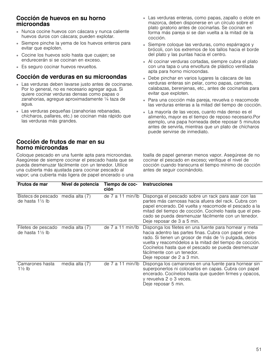 Cocción de huevos en su horno microondas, Cocción de verduras en su microondas, Cocción de frutos de mar en su horno microondas | Bosch HMV8052U User Manual | Page 51 / 60