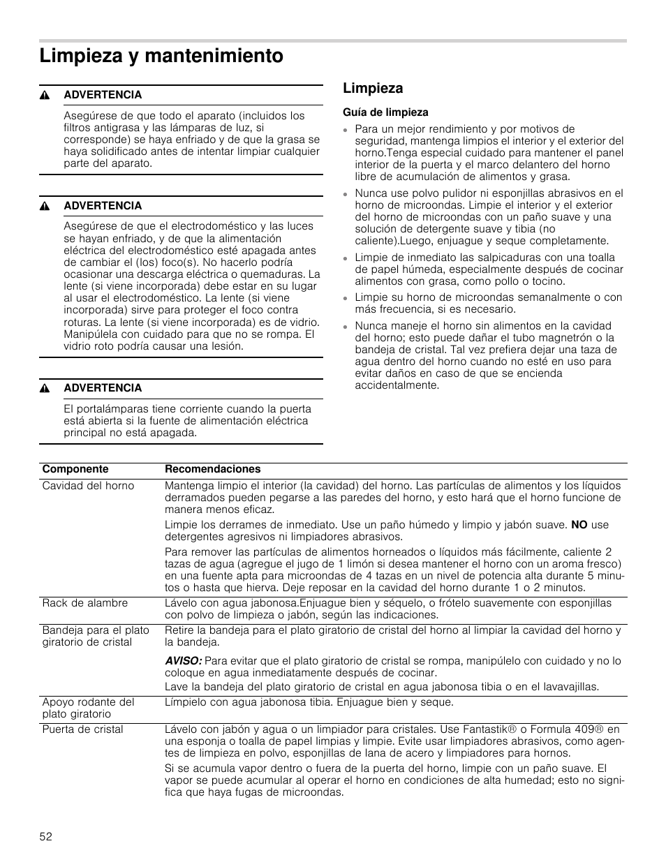 Limpieza y mantenimiento, 9 advertencia, Limpieza | Guía de limpieza | Bosch HMV8052U User Manual | Page 52 / 60