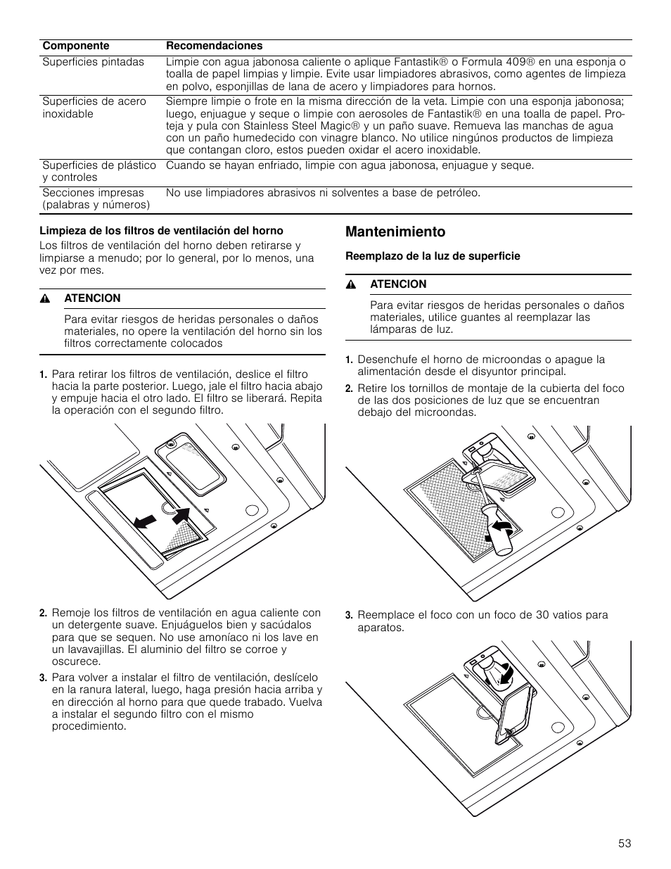 Limpieza de los filtros de ventilación del horno, 9 atencion, Mantenimiento | Reemplazo de la luz de superficie | Bosch HMV8052U User Manual | Page 53 / 60