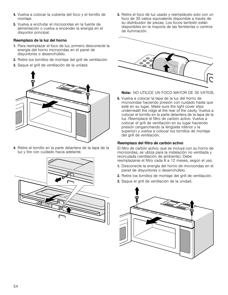 Reemplazo de la luz del horno, Saque el grill de ventilación de la unidad, Nota | Reemplazo del filtro de carbón activo | Bosch HMV8052U User Manual | Page 54 / 60