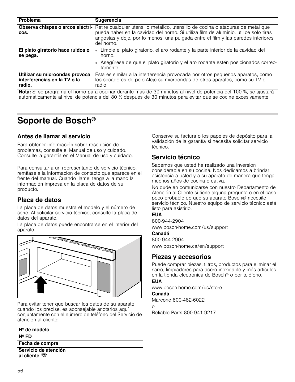 Soporte de bosch, Antes de llamar al servicio, Placa de datos | Servicio técnico, Www.bosch-home.com/us/support, Canadá, Www.bosch-home.ca/en/support, Piezas y accesorios, Www.bosch-home.com/us/store, Marcone 800-482-6022 | Bosch HMV8052U User Manual | Page 56 / 60