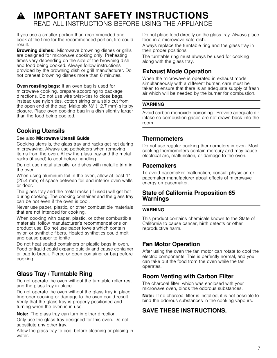 Cooking utensils, See also microwave utensil guide, Glass tray / turntable ring | Note, Exhaust mode operation, Warning, Thermometers, Pacemakers, State of california proposition 65 warnings, Fan motor operation | Bosch HMV8052U User Manual | Page 7 / 60