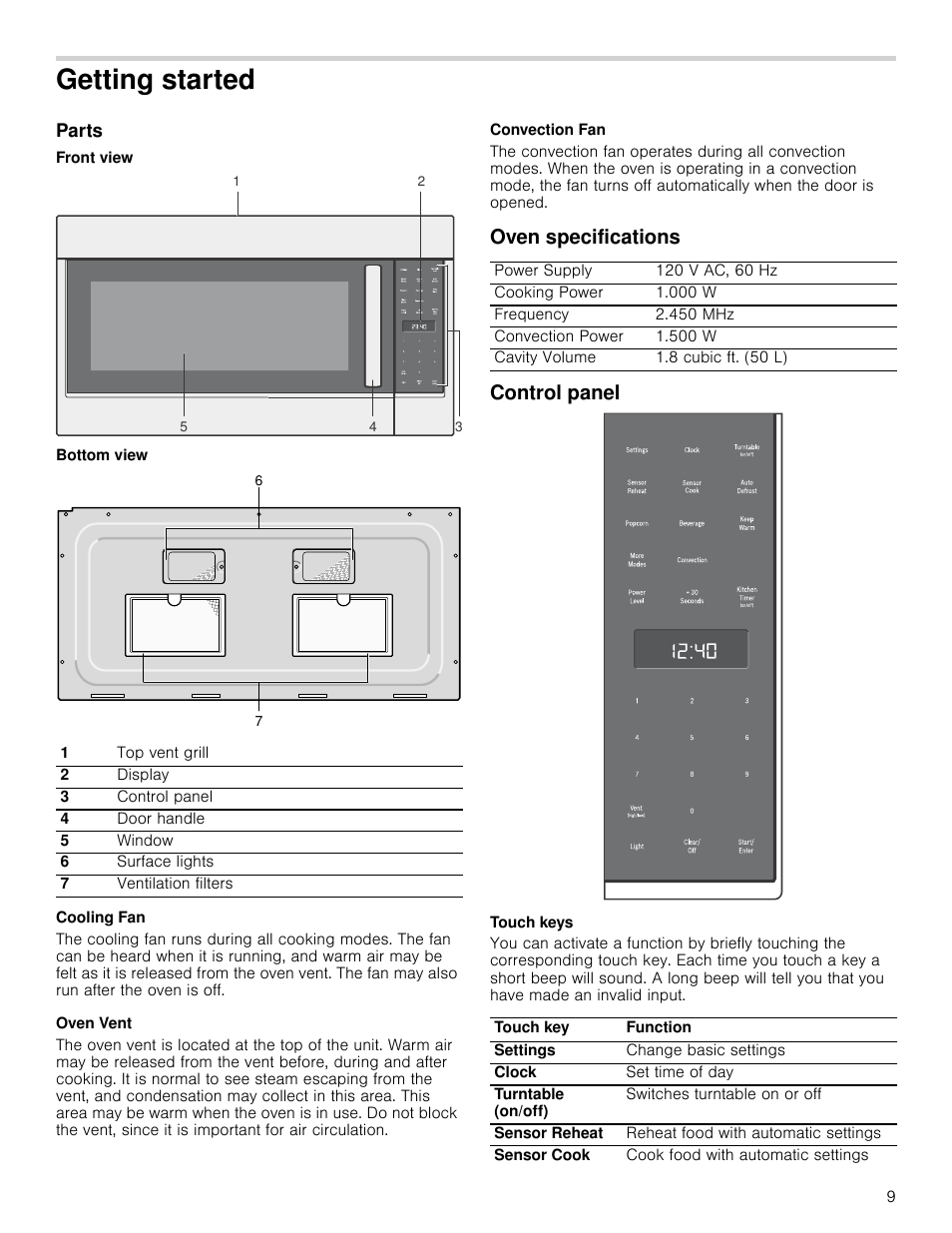 Getting started, Parts, Front view | Bottom view, Cooling fan, Oven vent, Convection fan, Oven specifications, Control panel, Touch keys | Bosch HMV8052U User Manual | Page 9 / 60