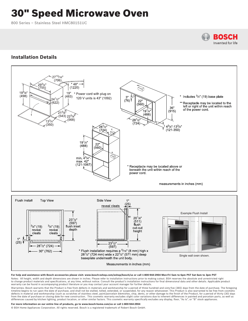 30" speed microwave oven, Installation details | Bosch HMC80151UC User Manual | Page 2 / 3