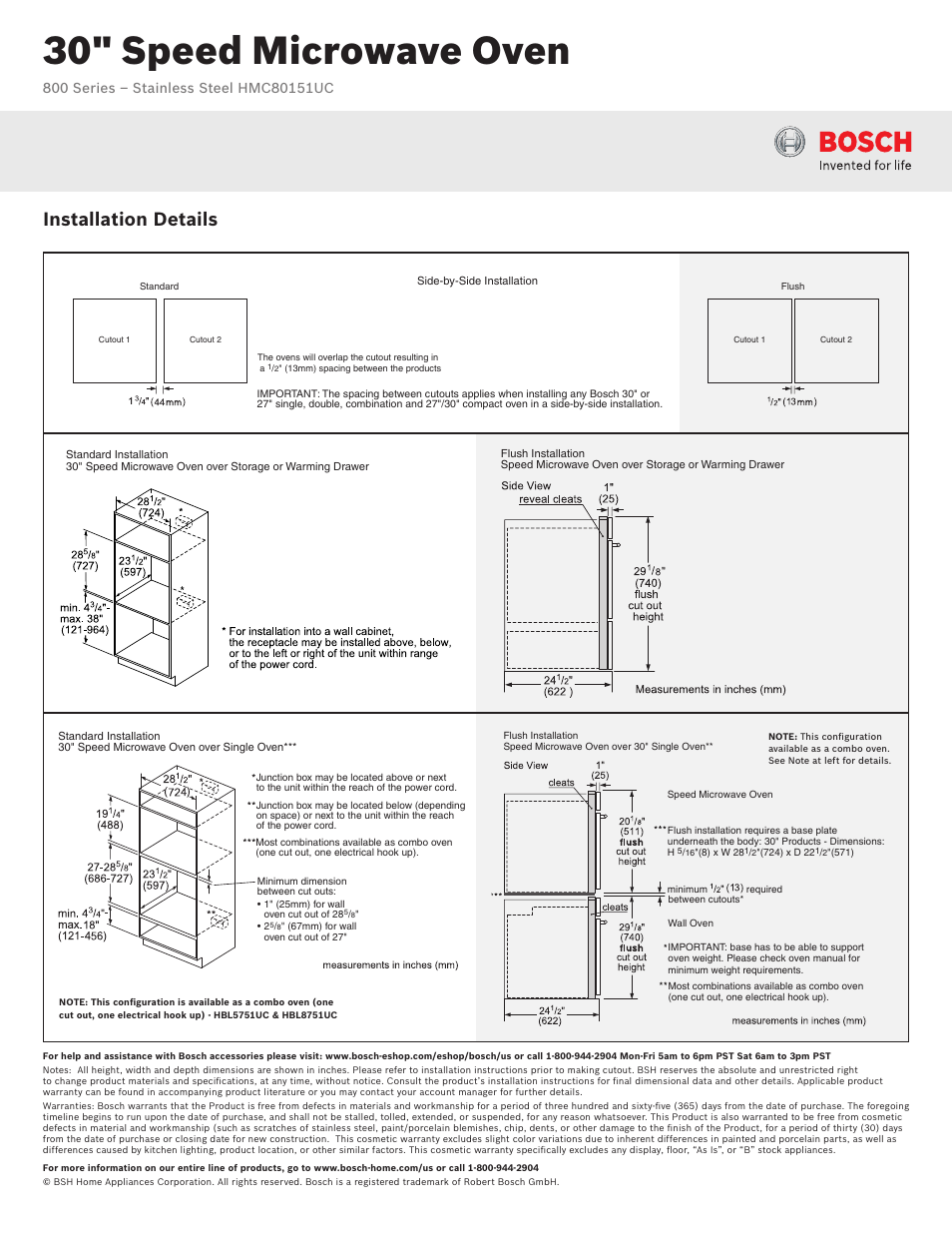 30" speed microwave oven, Installation details | Bosch HMC80151UC User Manual | Page 3 / 3