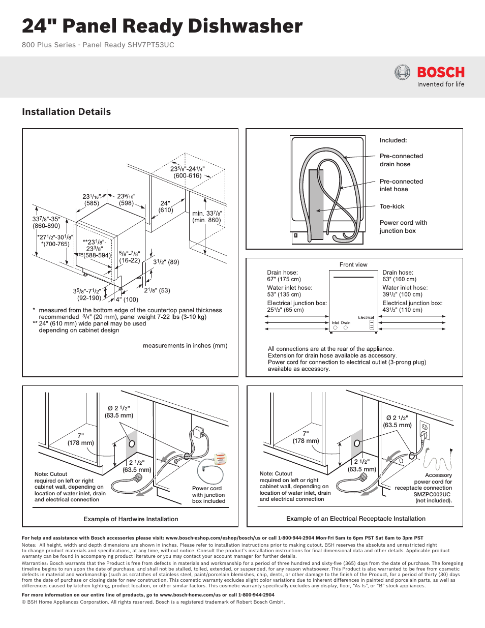 24" panel ready dishwasher, Installation details | Bosch SHV7PT53UC User Manual | Page 2 / 3
