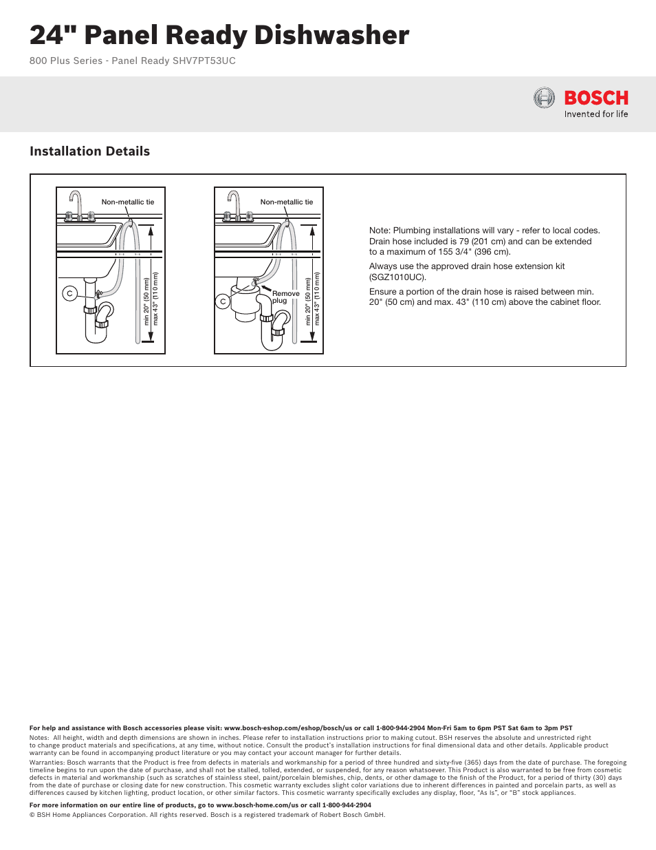 24" panel ready dishwasher, Installation details | Bosch SHV7PT53UC User Manual | Page 3 / 3