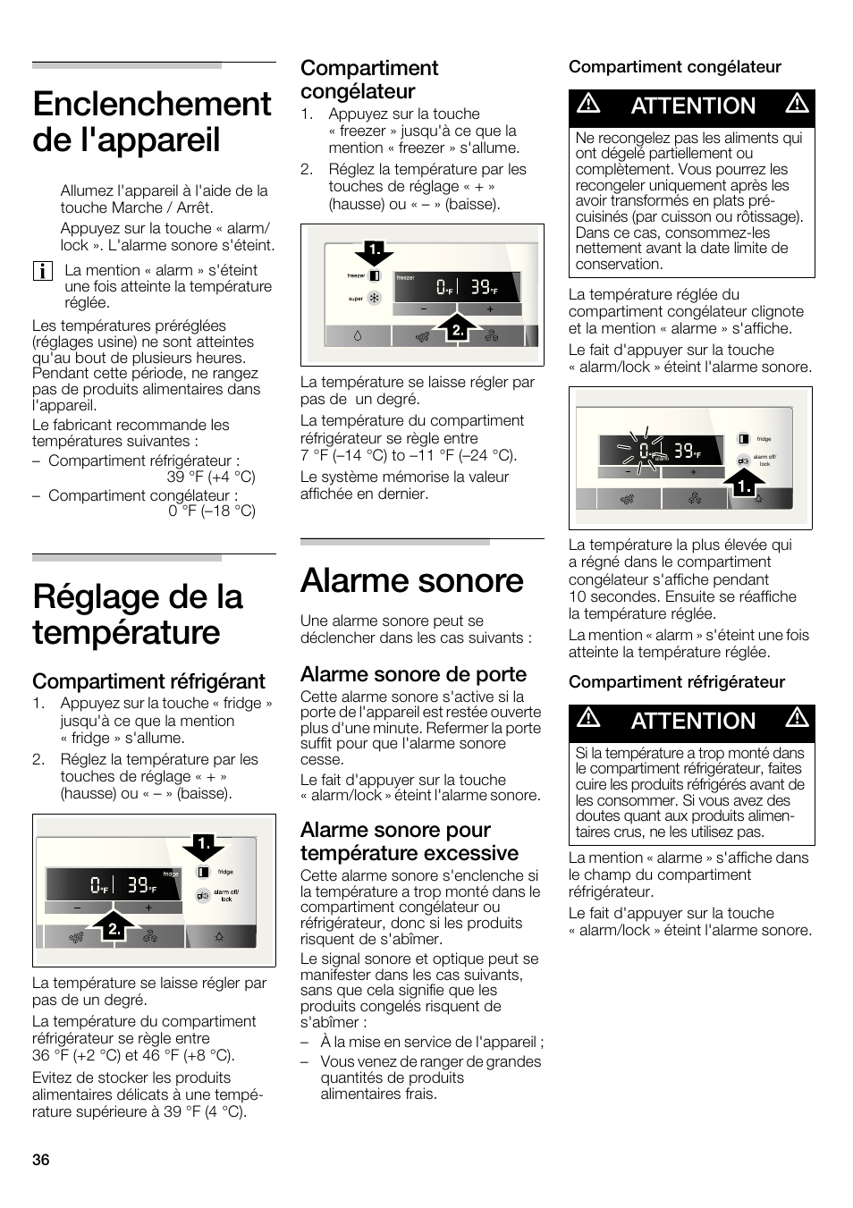 Enclenchement de l'appareil, Réglage de la température, Alarme sonore | Attention, Compartiment réfrigérant, Compartiment congélateur, Alarme sonore de porte, Alarme sonore pour température excessive | Bosch B22CS30SNS User Manual | Page 36 / 76