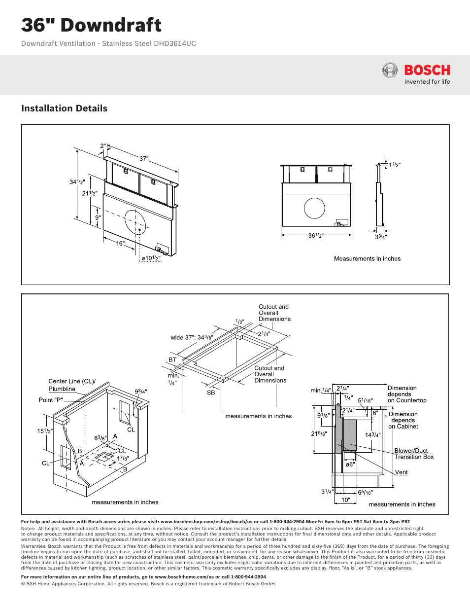 36" downdraft, Installation details | Bosch DHD3614UC User Manual | Page 2 / 2