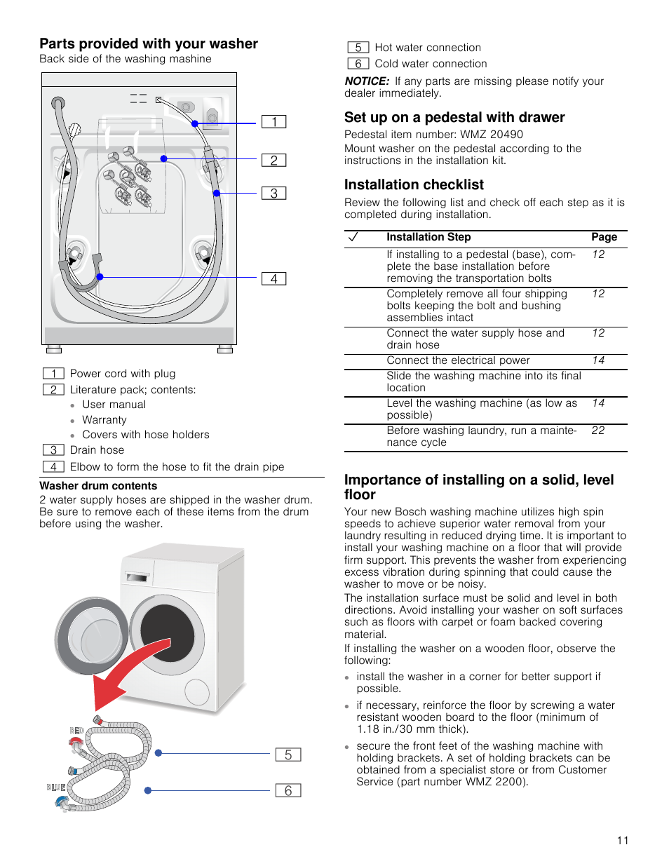 Parts provided with your washer, Notice, Set up on a pedestal with drawer | Installation checklist, Importance of installing on a solid, level floor | Bosch WAP24200UC User Manual | Page 11 / 36