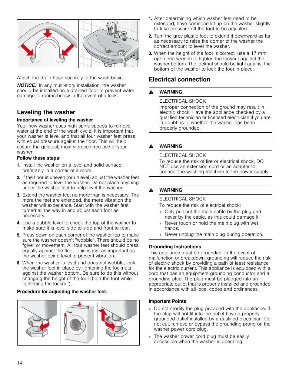 Notice, Leveling the washer, Electrical connection | 9 warning, Electrical shock, To reduce the risk of electrical shock, Leveling the washer electrical connection | Bosch WAP24200UC User Manual | Page 14 / 36