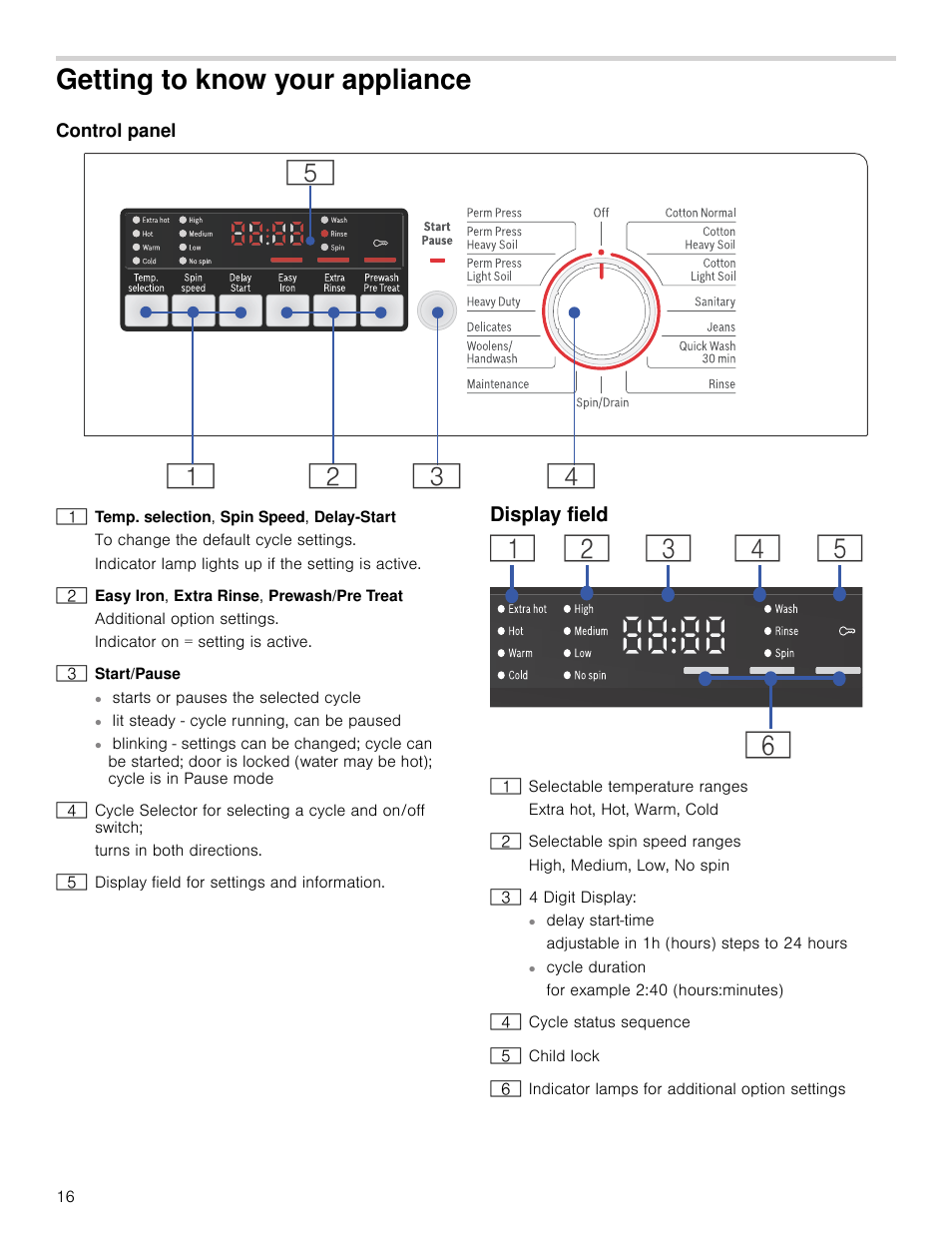 Getting to know your appliance, Control panel, Display field | Our appliance control panel display field | Bosch WAP24200UC User Manual | Page 16 / 36