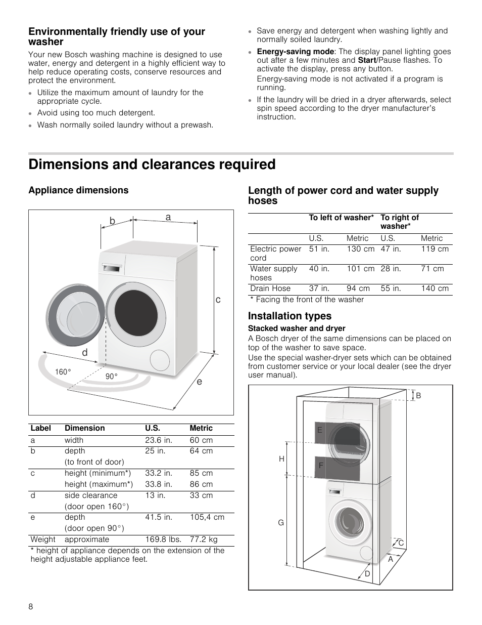 Environmentally friendly use of your washer, Dimensions and clearances required, Appliance dimensions | Length of power cord and water supply hoses, Installation types, De f g h | Bosch WAP24200UC User Manual | Page 8 / 36