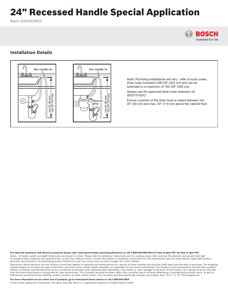 24" recessed handle special application, Installation details | Bosch SGE63E06UC User Manual | Page 3 / 3