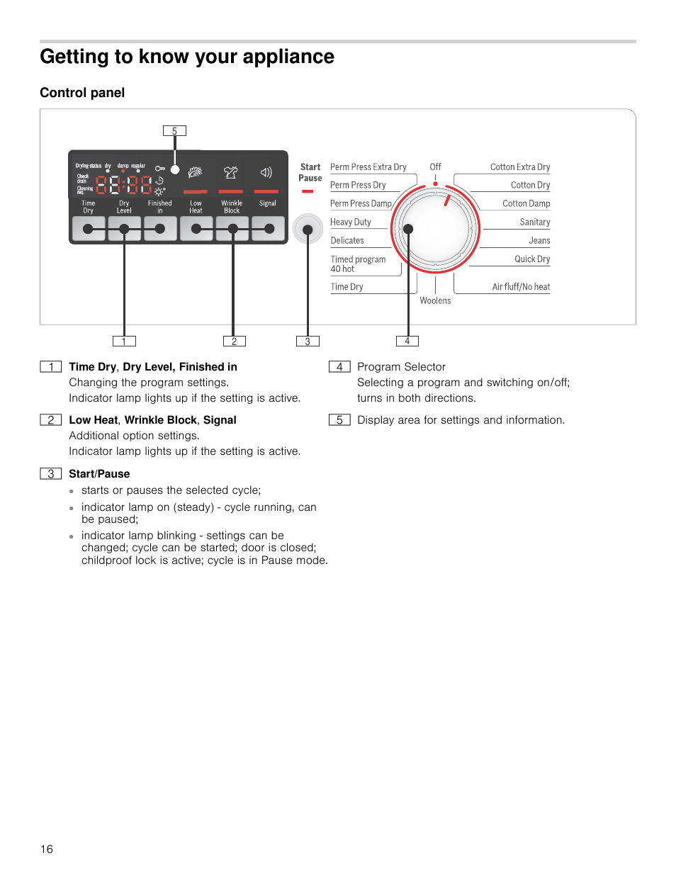 Getting to know your appliance, Control panel, Our appliance control panel | Bosch WTB86200UC User Manual | Page 16 / 32