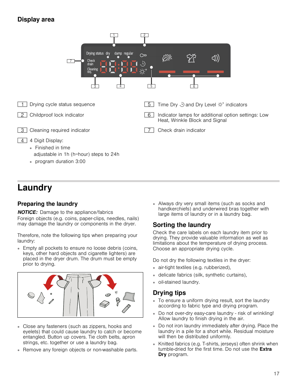 Display area, Laundry, Preparing the laundry | Notice, Sorting the laundry, Drying tips | Bosch WTB86200UC User Manual | Page 17 / 32