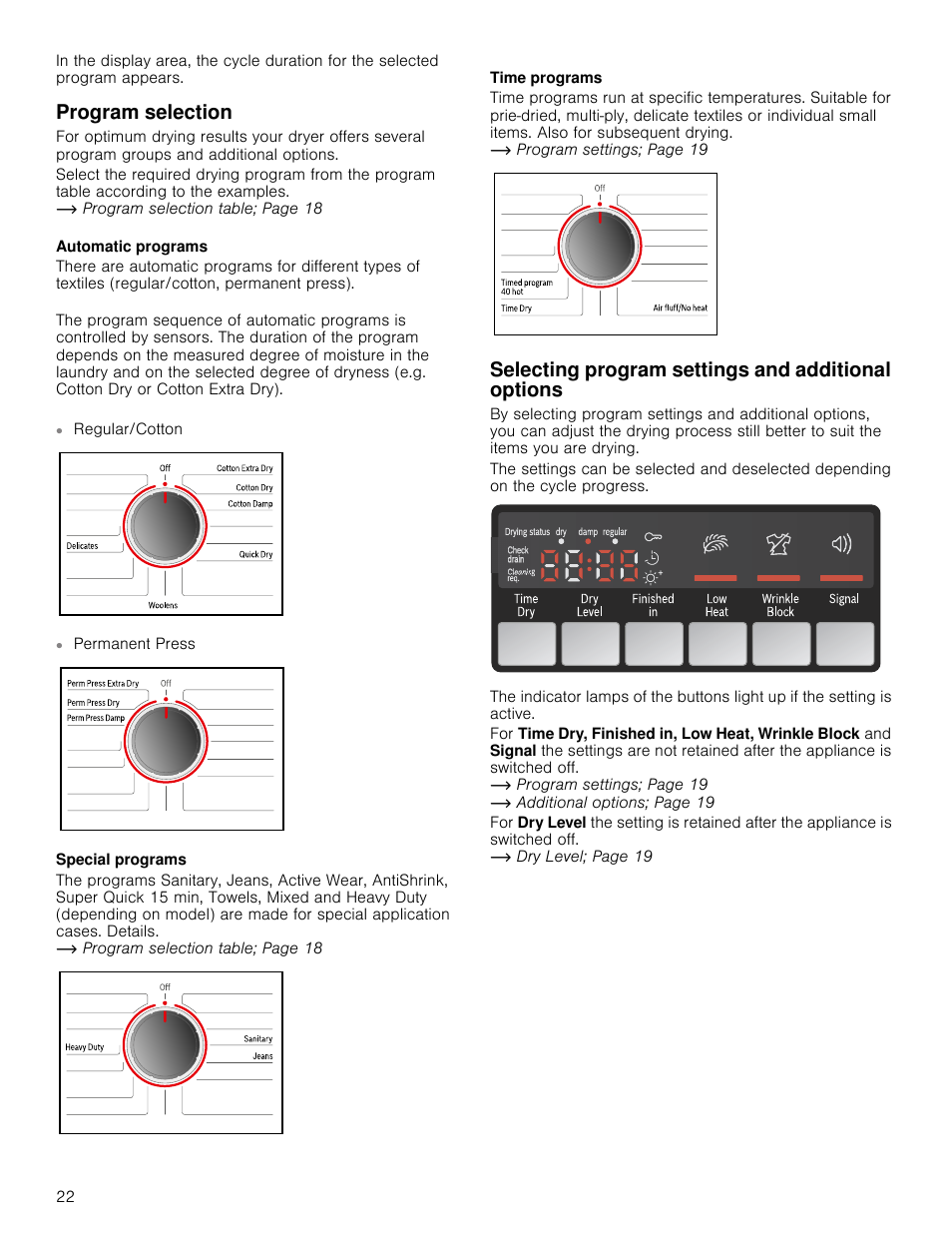 Program selection, Selecting program settings and additional options | Bosch WTB86200UC User Manual | Page 22 / 32
