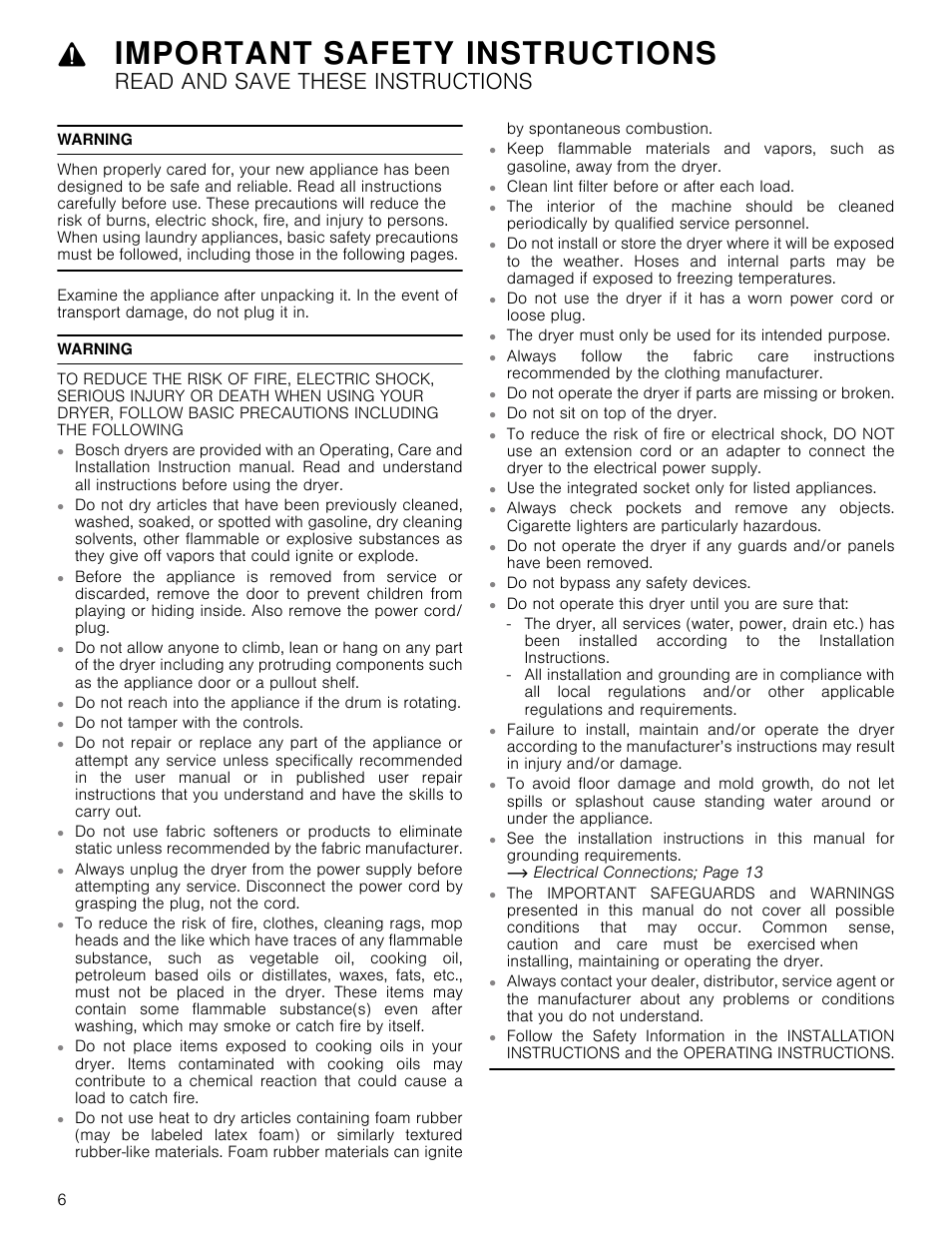 Important safety instructions, Read and save these instructions, Warning | Uctions, Do not tamper with the controls, Clean lint filter before or after each load, Do not sit on top of the dryer, Do not bypass any safety devices | Bosch WTB86200UC User Manual | Page 6 / 32