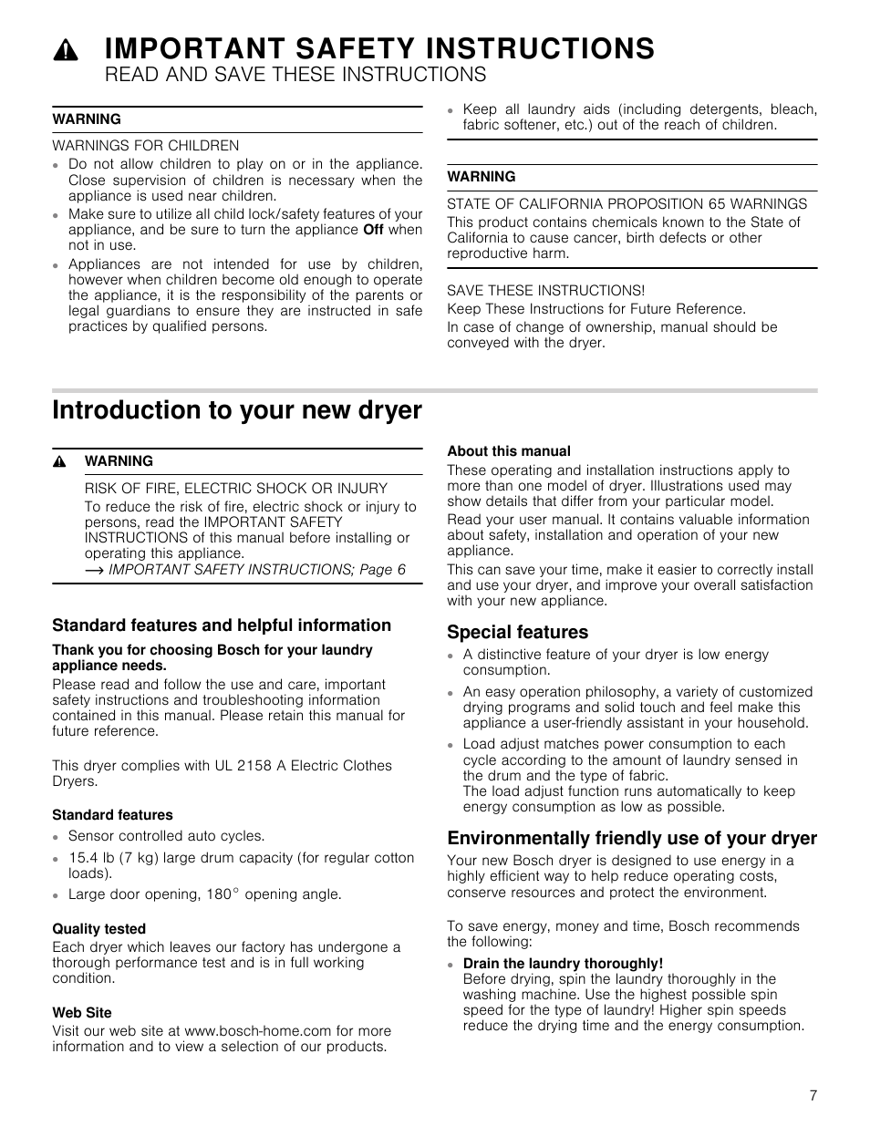 Warning, Introduction to your new dryer, 9 warning | Risk of fire, electric shock or injury, Standard features and helpful information, Special features, Environmentally friendly use of your dryer, Important safety instructions, Read and save these instructions | Bosch WTB86200UC User Manual | Page 7 / 32
