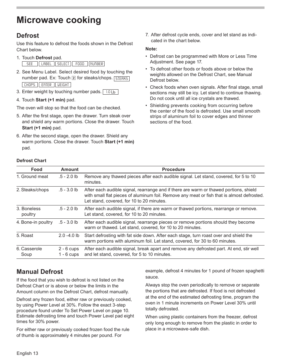 Microwave cooking, Defrost, Manual defrost | Bosch HMD8451UC User Manual | Page 13 / 64