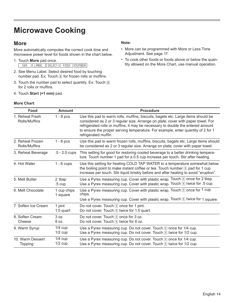 Microwave cooking, More | Bosch HMD8451UC User Manual | Page 14 / 64