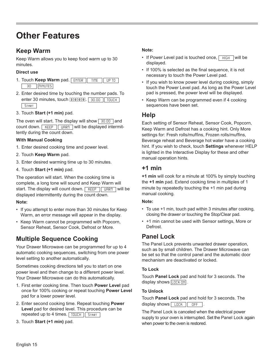 Other features, Keep warm, Multiple sequence cooking | Help, 1 min, Panel lock | Bosch HMD8451UC User Manual | Page 15 / 64