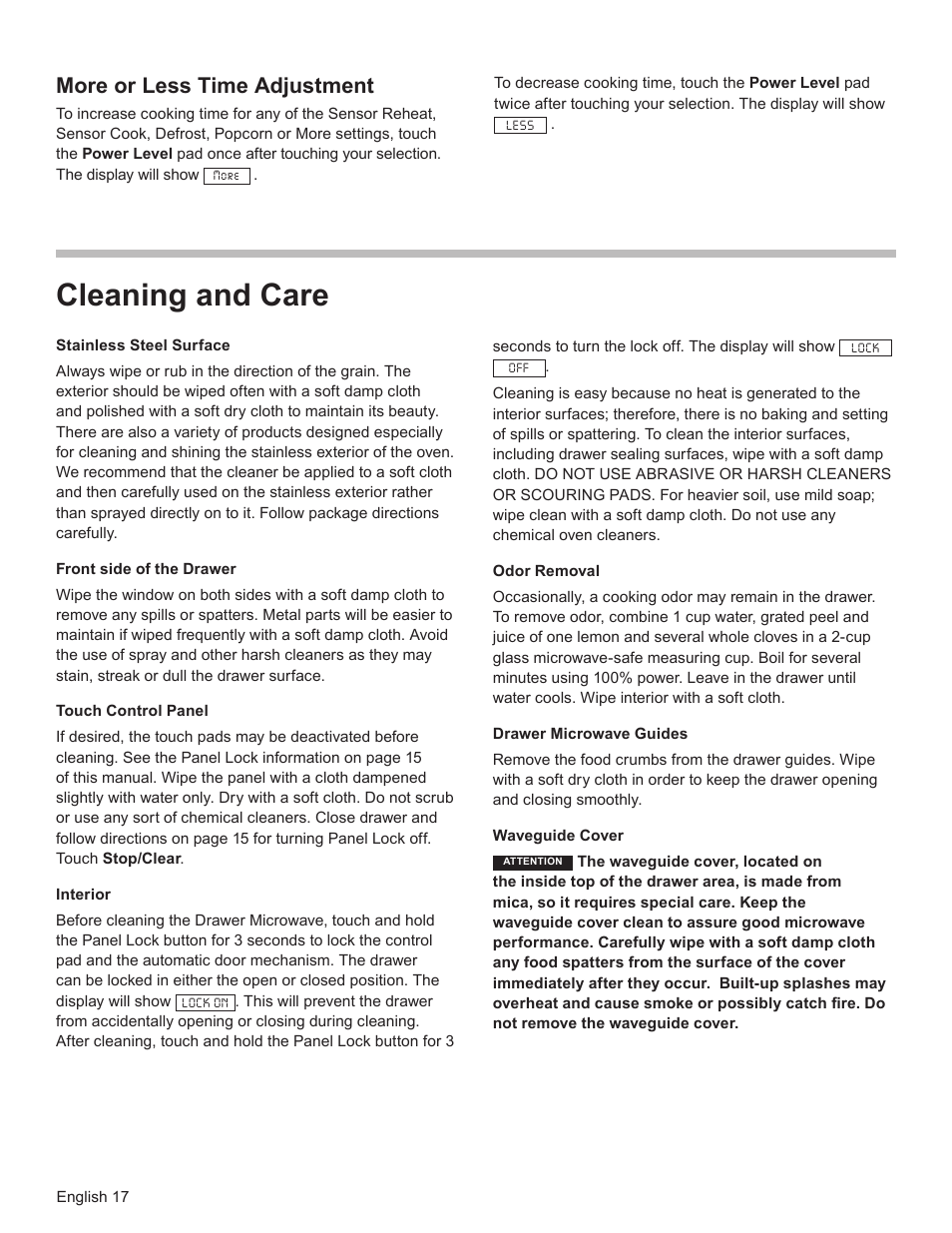 Cleaning and care, More or less time adjustment | Bosch HMD8451UC User Manual | Page 17 / 64