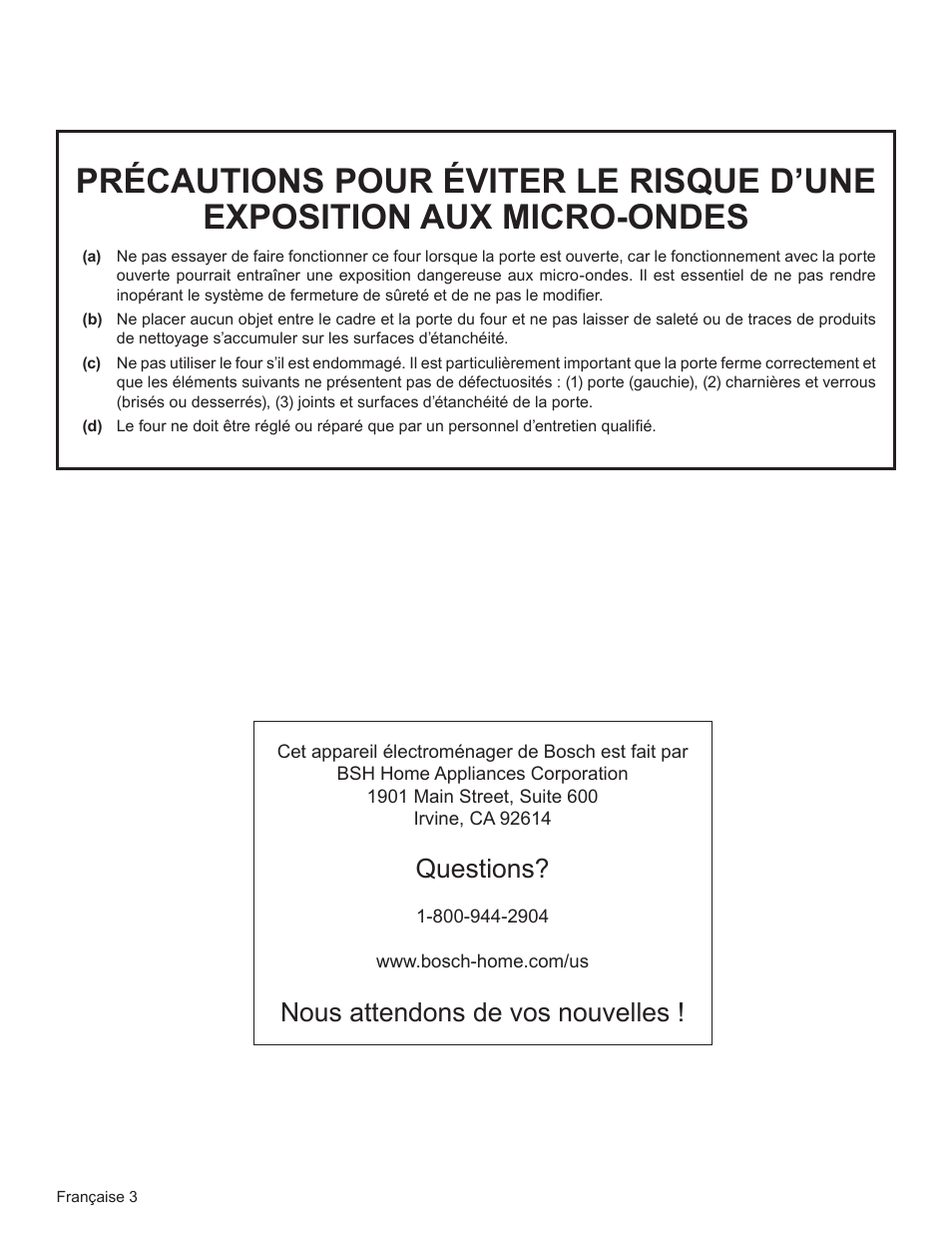 Questions, Nous attendons de vos nouvelles | Bosch HMD8451UC User Manual | Page 22 / 64