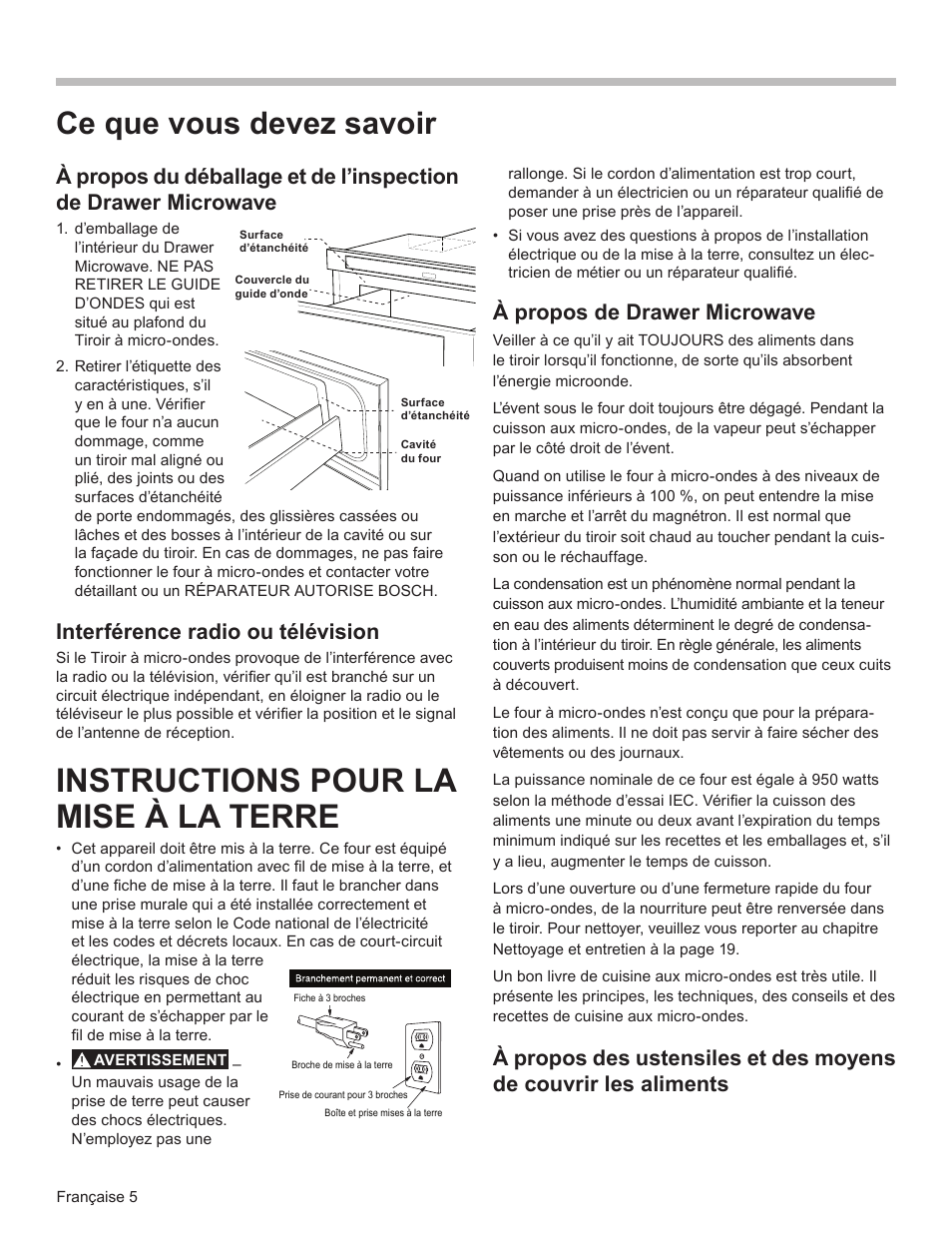 Instructions pour la mise à la terre, Ce que vous devez savoir, Interférence radio ou télévision | À propos de drawer microwave | Bosch HMD8451UC User Manual | Page 24 / 64