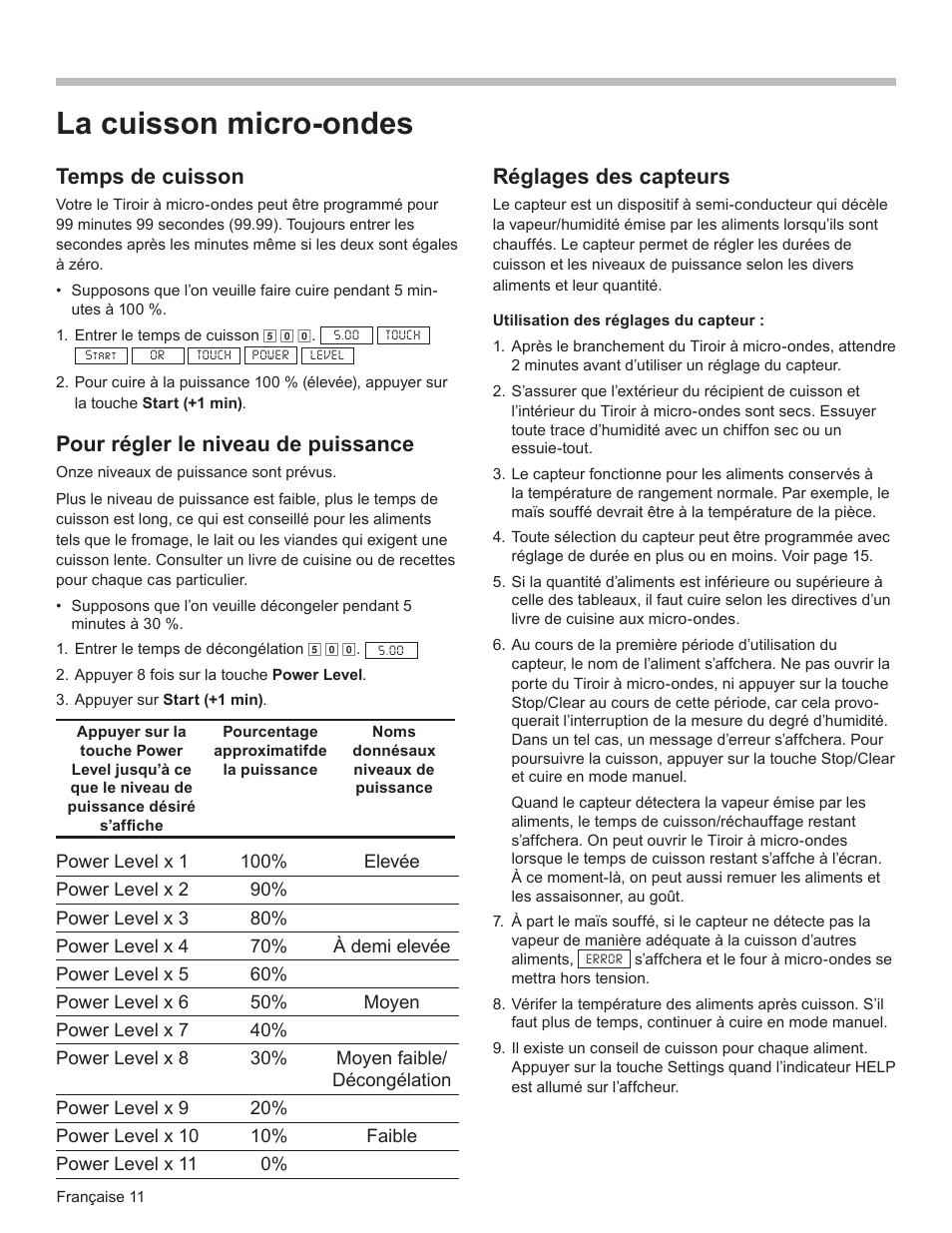 La cuisson micro-ondes, Temps de cuisson, Pour régler le niveau de puissance | Réglages des capteurs | Bosch HMD8451UC User Manual | Page 30 / 64