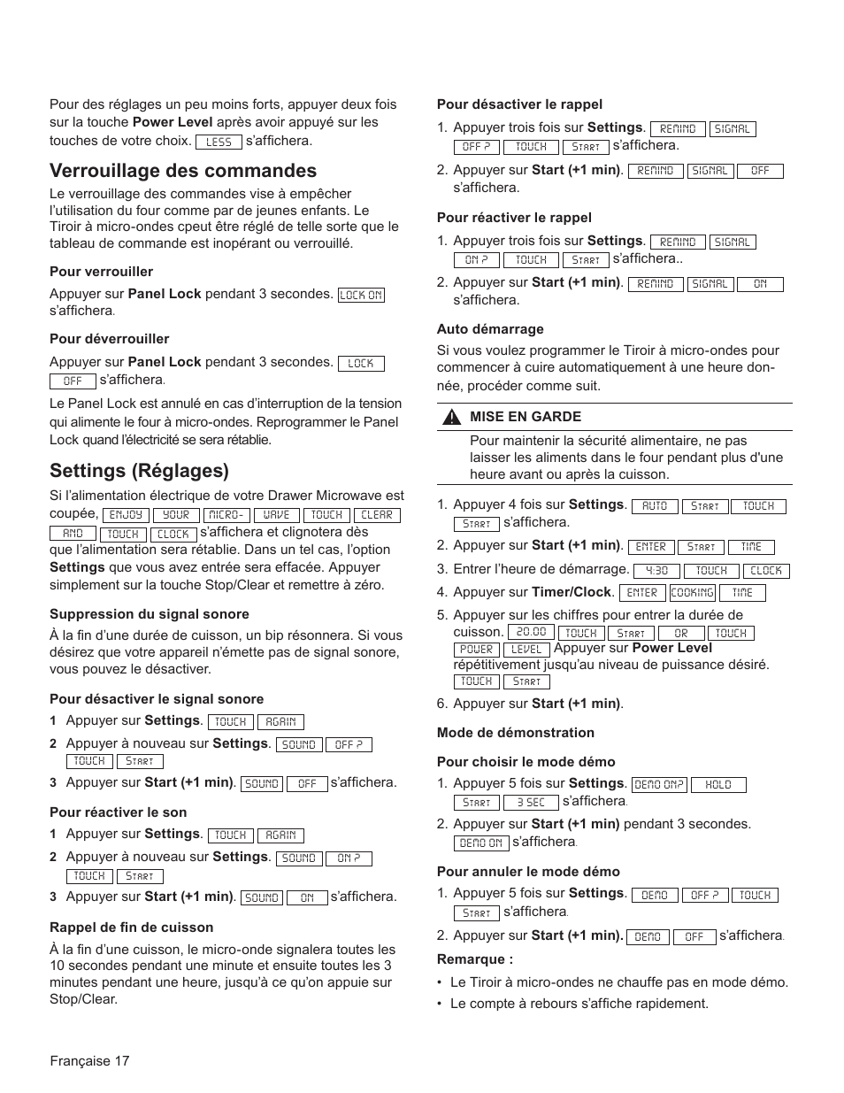 Verrouillage des commandes, Settings (réglages) | Bosch HMD8451UC User Manual | Page 36 / 64