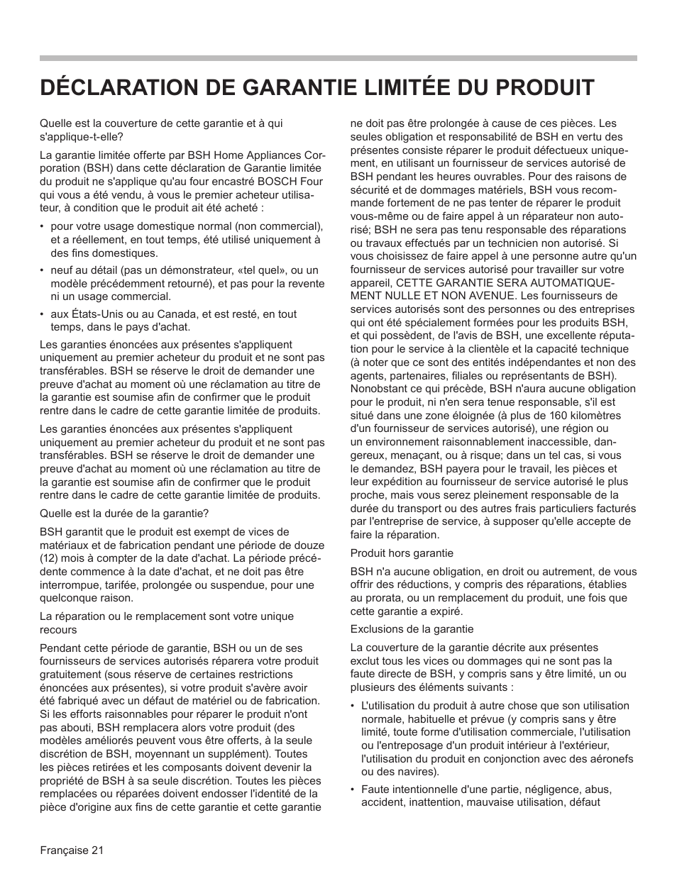 Déclaration de garantie limitée du produit | Bosch HMD8451UC User Manual | Page 40 / 64