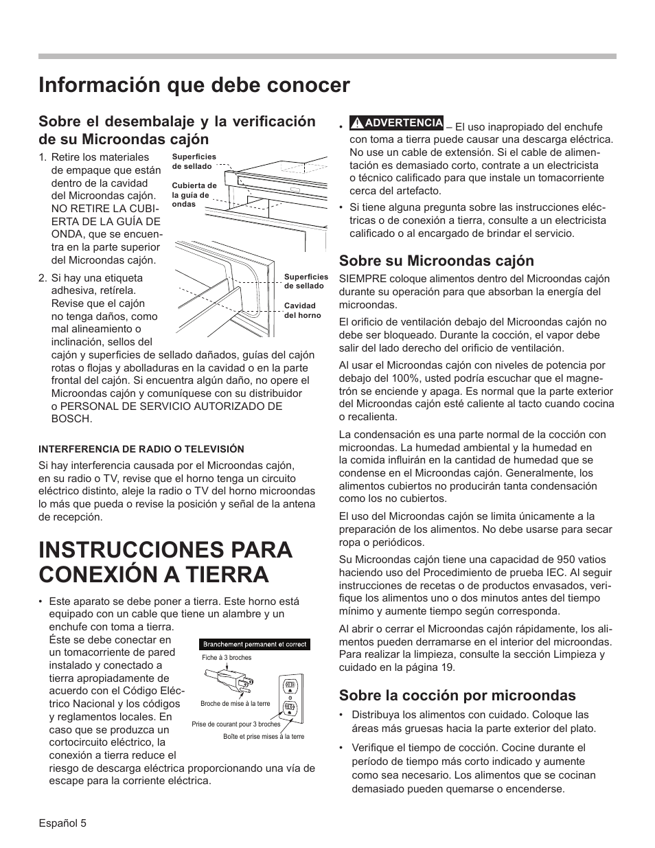 Instrucciones para conexión a tierra, Información que debe conocer, Sobre su microondas cajón | Sobre la cocción por microondas | Bosch HMD8451UC User Manual | Page 45 / 64