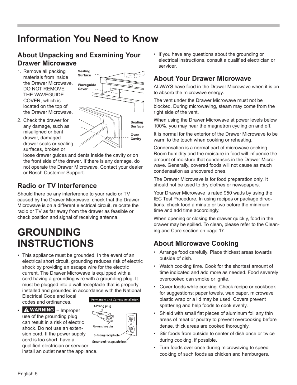 Grounding instructions, Information you need to know, Radio or tv interference | About your drawer microwave, About microwave cooking | Bosch HMD8451UC User Manual | Page 5 / 64