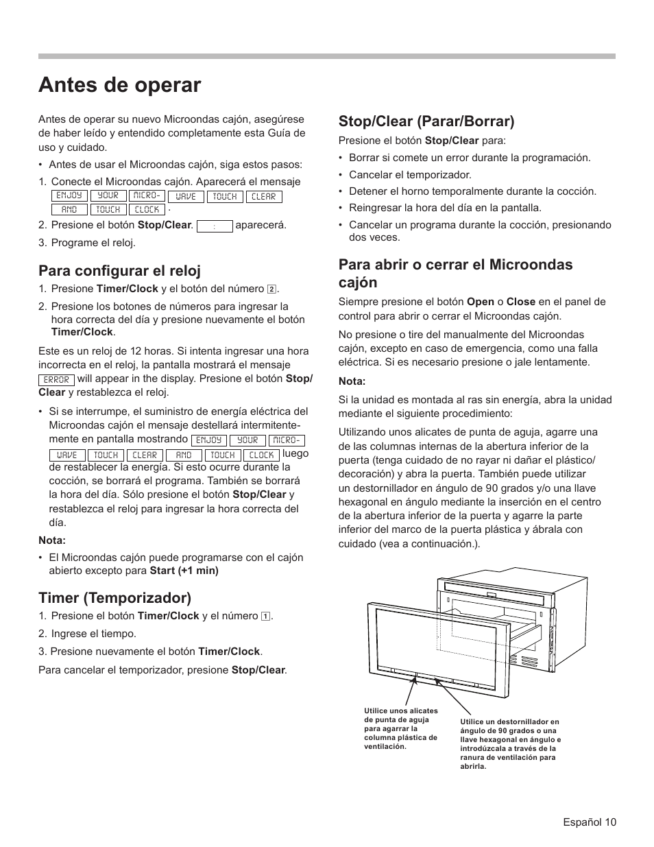 Antes de operar, Para configurar el reloj, Timer (temporizador) | Stop/clear (parar/borrar), Para abrir o cerrar el microondas cajón | Bosch HMD8451UC User Manual | Page 50 / 64