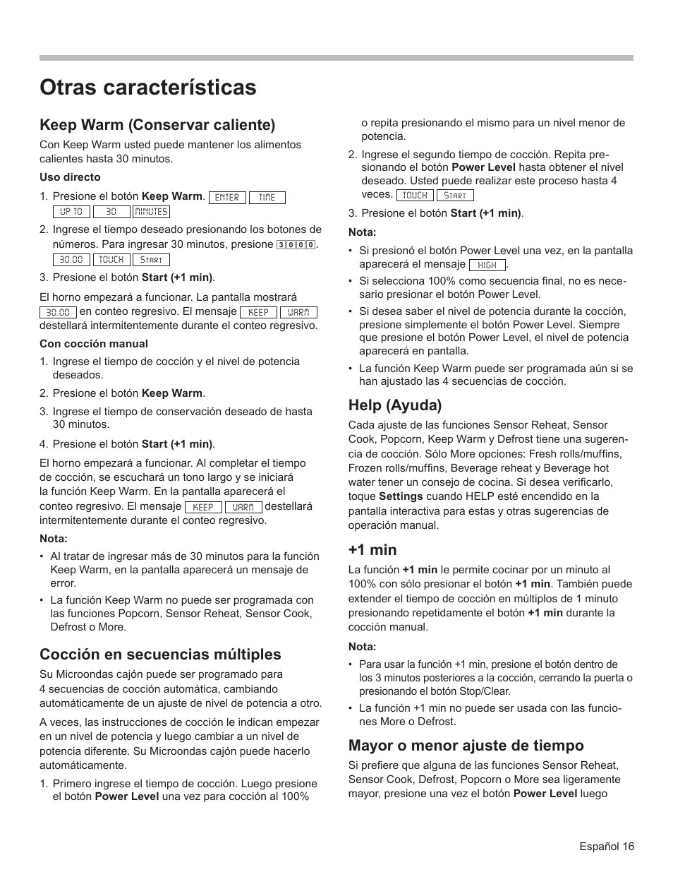 Otras características, Keep warm (conservar caliente), Cocción en secuencias múltiples | Help (ayuda), 1 min, Mayor o menor ajuste de tiempo | Bosch HMD8451UC User Manual | Page 56 / 64