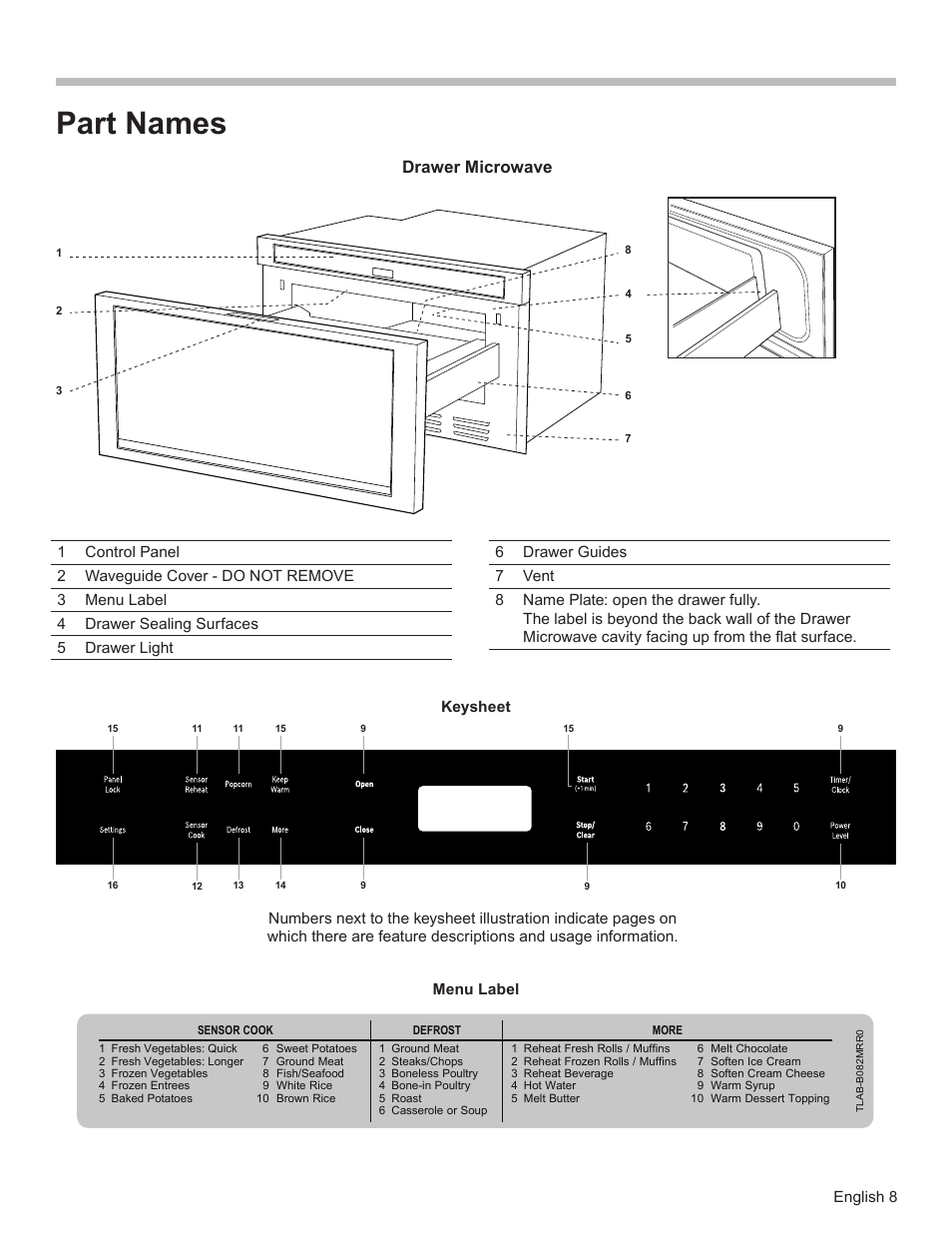 Part names, Drawer microwave | Bosch HMD8451UC User Manual | Page 8 / 64