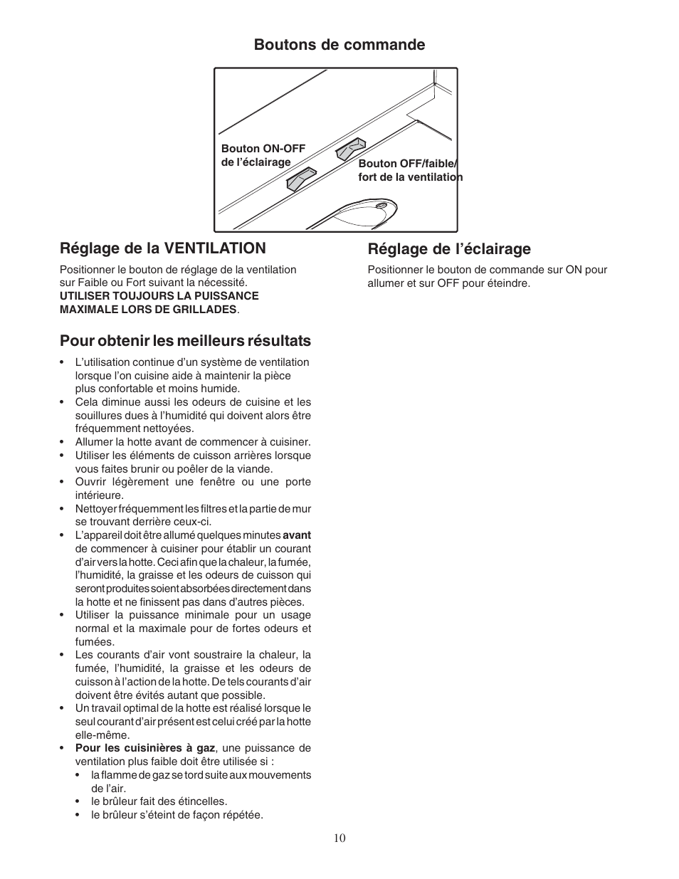 Boutons de commande réglage de la ventilation, Pour obtenir les meilleurs résultats, Réglage de l’éclairage | Bosch DPH30652UC User Manual | Page 10 / 20