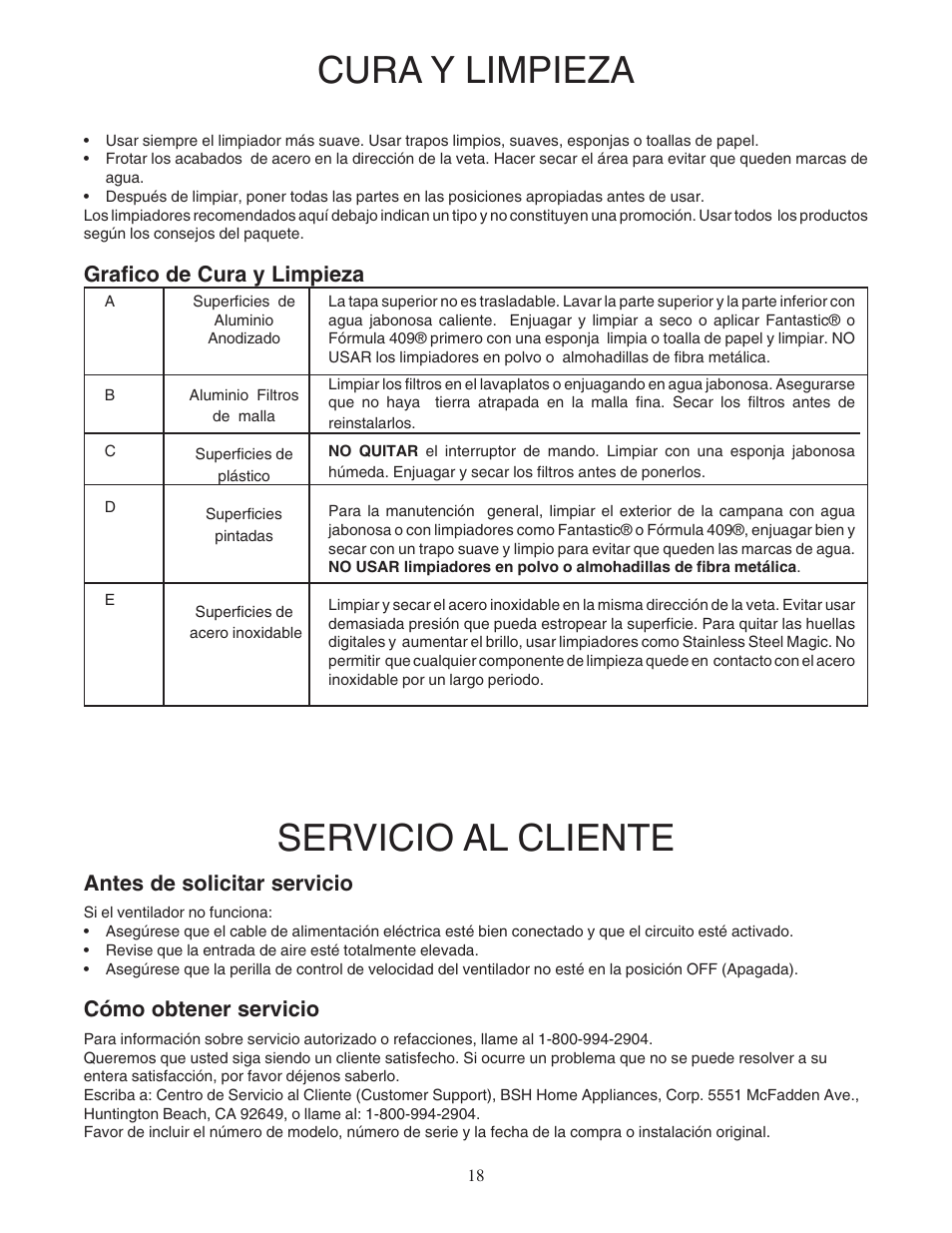 Servicio al cliente, Cura y limpieza, Antes de solicitar servicio | Cómo obtener servicio, Grafico de cura y limpieza | Bosch DPH30652UC User Manual | Page 18 / 20