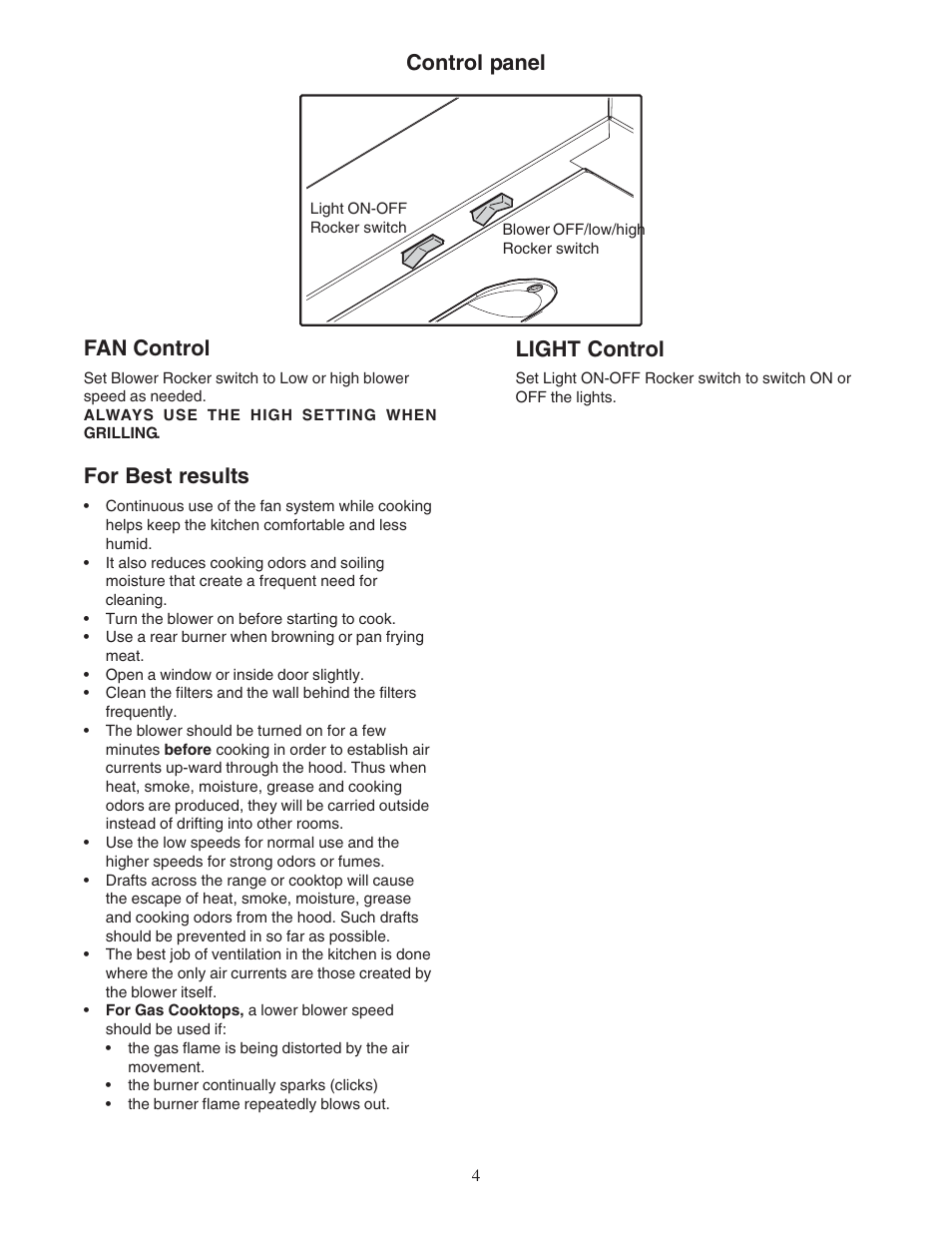 Control panel fan control, For best results, Light control | Bosch DPH30652UC User Manual | Page 4 / 20