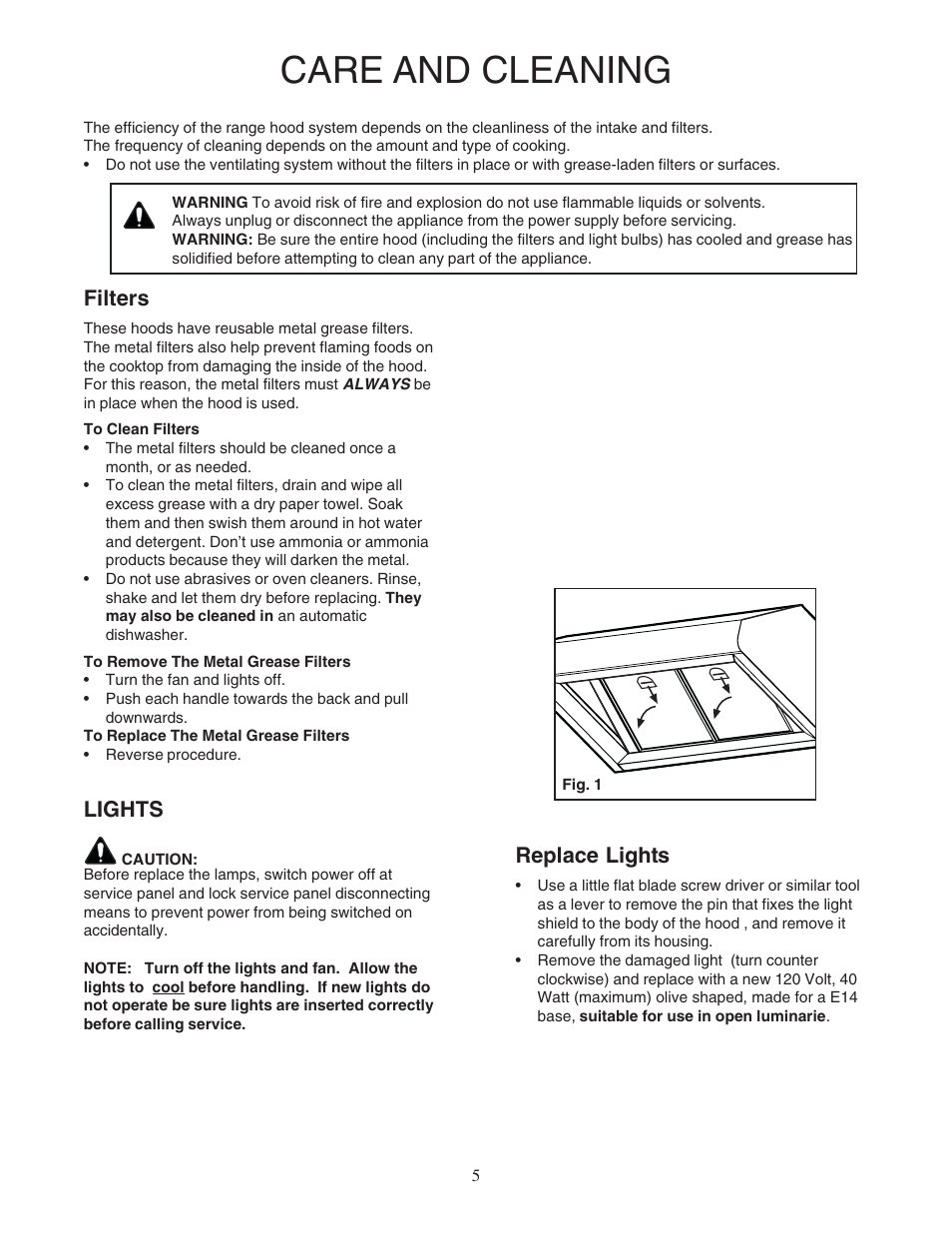 Care and cleaning, Filters, Lights | Replace lights | Bosch DPH30652UC User Manual | Page 5 / 20